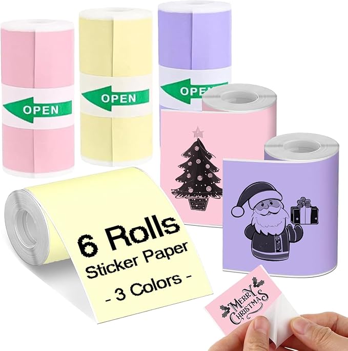 6 Rolls Colored Printer Paper, Self-Adhesive Thermal Paper with Black Character on Yellow/Purple/Pink Color Paper for Printer, 57mm x 25mm Sticker Printer Paper, 3 Color Thermal Labels
