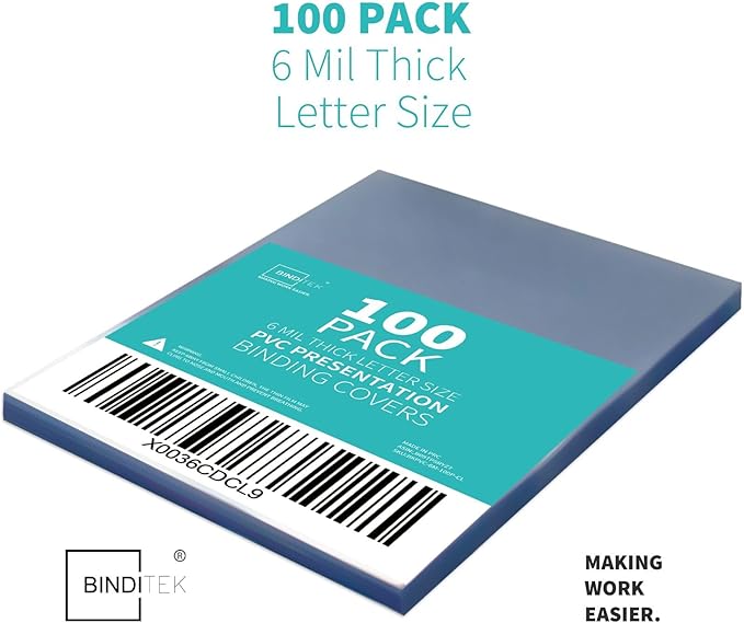 Binditek 100 Pack 6 Mil PVC Binding Report Covers, 8.5 x 11 Inches, Letter Size, Square Corners, Un-Punched, Office Supplies