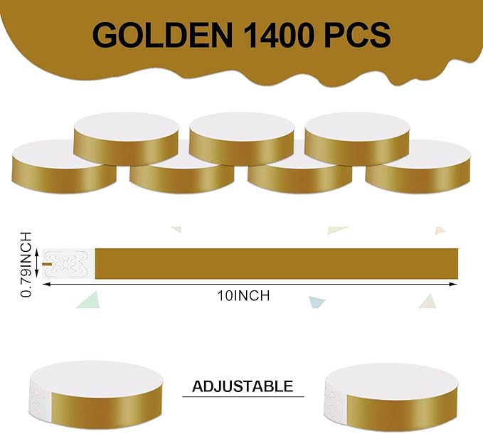 REHALY 1400 Pcs Wristbands for Events Paper Wristbands Waterproof Paper Bracelets Neon Wrist Bands Colored Wristbands Adhesive Hand Bands Armbands for Concerts(Gold)