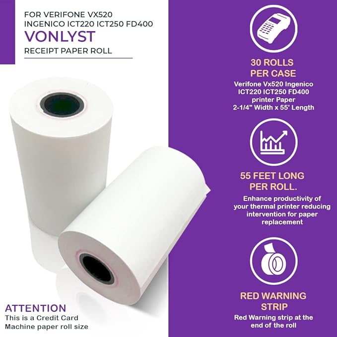 Thermal Paper Roll 2 1/4 x 55 for Verifone Vx520 Ingenico ICT220 ICT250 FD400 (30 rolls)