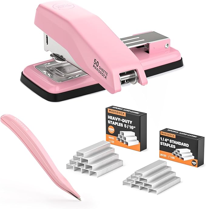 Desktop Stapler, Swing-Arm Swivel Stapler, 50 Sheet Capacity, 2000 Staples and Staple Remover, Rotatable Heavy Duty Staplers for Office, Home, Classroom, Booklet, Book Binding,Pink