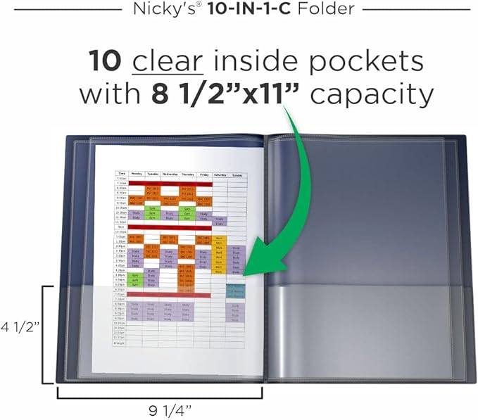 Nicky's® Multi Pocket Organizer, 10 or 14 Page Folder, Waterproof, Patented Tear-Resistant, Flexible Plastic, Proudly Made in USA, Binder Substitute. (10-in-1 Clear Inside/Navy Blue Outside)