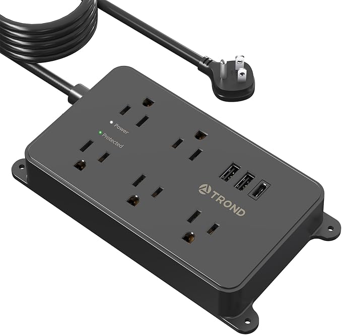 TROND Surge Protector Power Strip, 15ft Long Extension Cord, ETL Listed, 5 Widely Spaced AC Outlets, 2 USB A and 1 USB C, 1300J, Low-Profile Flat Plug, Wall Mountable, for Kitchen Office, Black