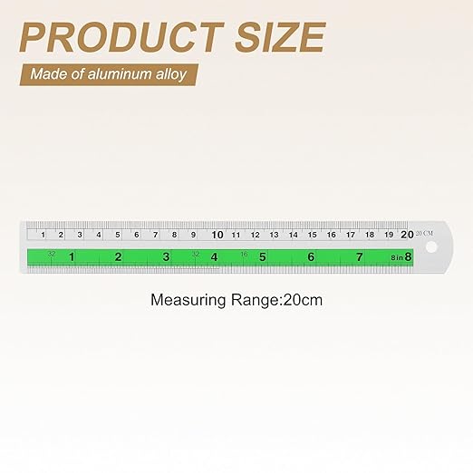HARFINGTON 6pcs Metal Straight Ruler 20cm Metric SAE Aluminum Alloy Measuring Rulers Scale Tool with Hole for Measure Study Reading Classroom Office, Green