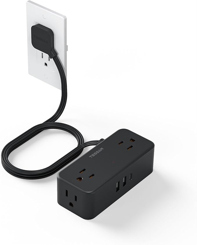 Black Extension Cord 5 Ft, Flat Surge Protector Power Strip with 4 Wide Spaced AC Outlets with 3 USB Ports (1 USB C), Ultra Thin Flat Plug with Surge Protection Desktop Organizers and Accessories