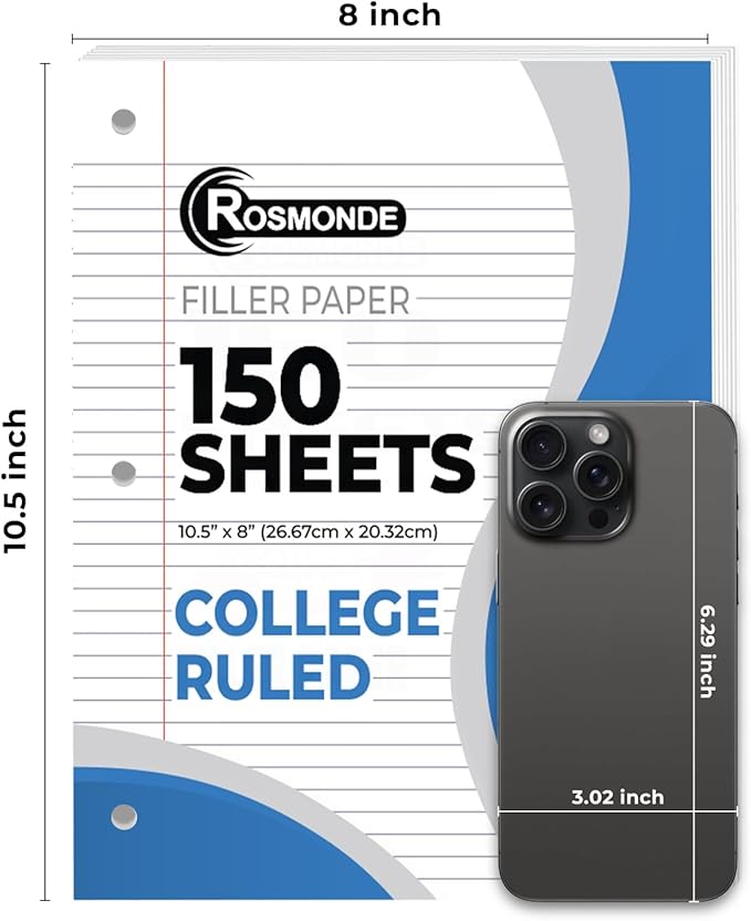 Bulk Loose Leaf Paper, 3600 Sheets, College Ruled Paper, Bulk Filler Paper for Office, 8 x 10.5", 3 Hole Punched, 56 Gsm Thick Paper, 24 Pack, 150 Sheets/Pack, Bulk Notebook Paper for School