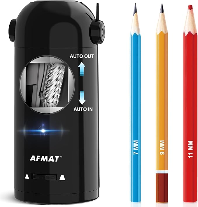 AFMAT Electric Pencil Sharpener for Colored Pencils 7-11.5mm, Robot Pencil Sharpener, Fully Automatic Rechargeable Hands-Free Pencil Sharpener for Large Pencils, Home, Classroom, Battery Operated