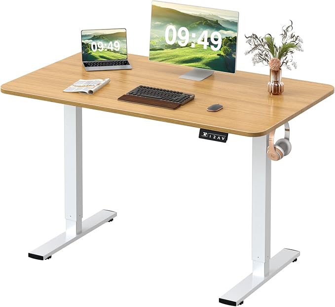 Furmax Electric Height Adjustable Standing Desk Large 48 x 24 Inches Sit Stand up Desk Home Office Computer Desk Memory Preset with T-Shaped Metal Bracket, Wood