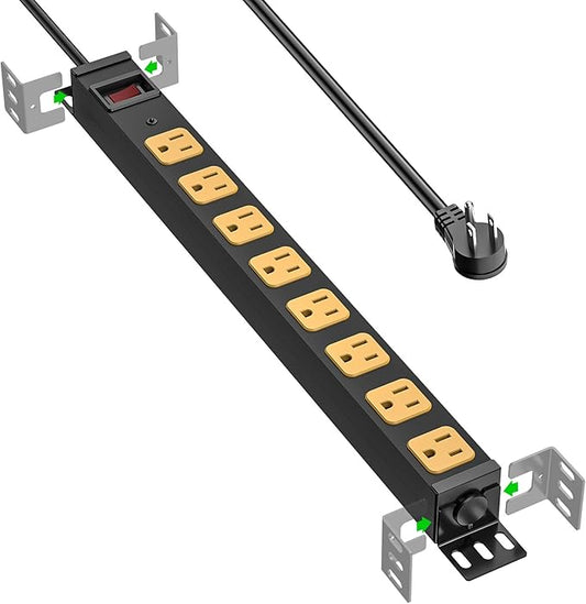 CRST 8 Outlet Metal Heavy Duty Power Strip, 2100 Joules Mountable Surge Protector Power Strip, Slim Power Bar with 6ft 14AWG Cord, ETL Listed