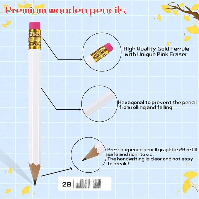 Adhere 25pcs Golf Pencils with eraser Hexagon Wooden Pencils Graphite 2B for Golf Event Scoring,Classroom,Wedding,Company Meetings,Pew, Pocket (white)