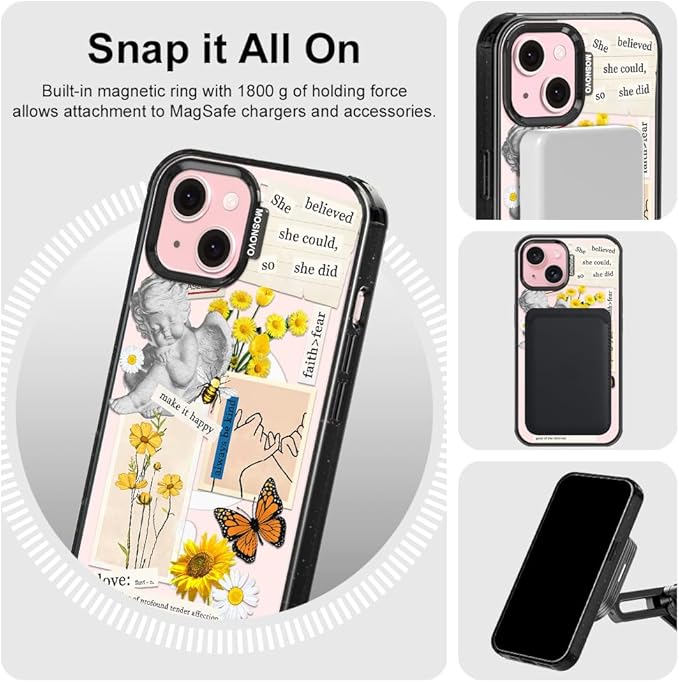 MOSNOVO Magnetic Case for iPhone 15, 10ft Military-Grade Protection, Compatible with Magsafe, Shockproof Phone Case for iPhone 15 - Vintage Collage Art - Clear Black