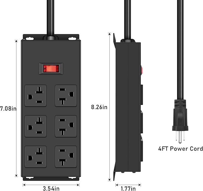 JUNNUJ Heavy Duty 20 Amp Power Strip, Garage 16 Outlets Metal 12 Gauge Surge Protector 3000J, High Amp 5-15P Adapter Shop 6-20R T-Slot Industrial Outlets (16AC, 4FT)