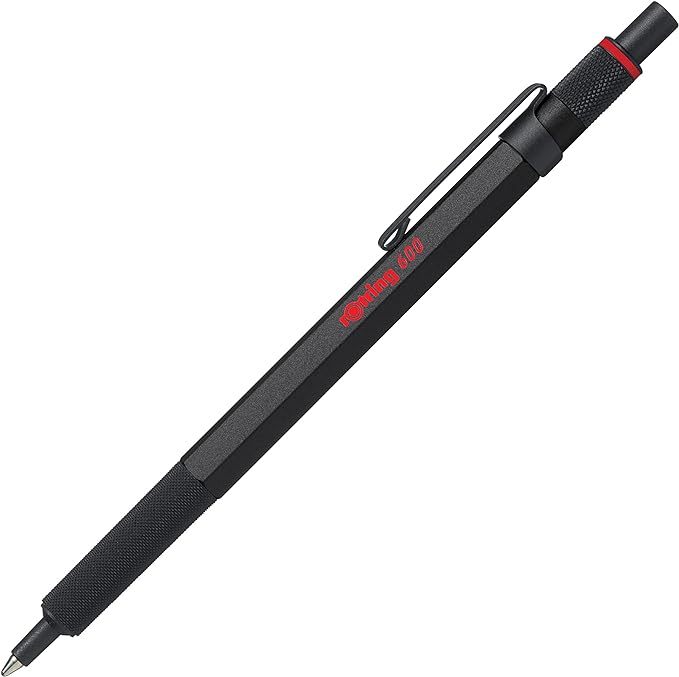 rOtring 600 Retractable Metal Ballpoint Pen, Medium Point, Black Ink, Black Barrel, Great Gift for Coworker