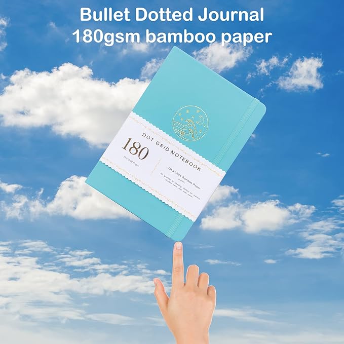 Dotted Notebook Journal 180GSM Bamboo Thick White Paper 160 Pages 5 * 5MM Dot Grid, Lay Flat Binding,Colored Silver Edges, Bookmarks and Expandable Back Pocket (BKP-7)