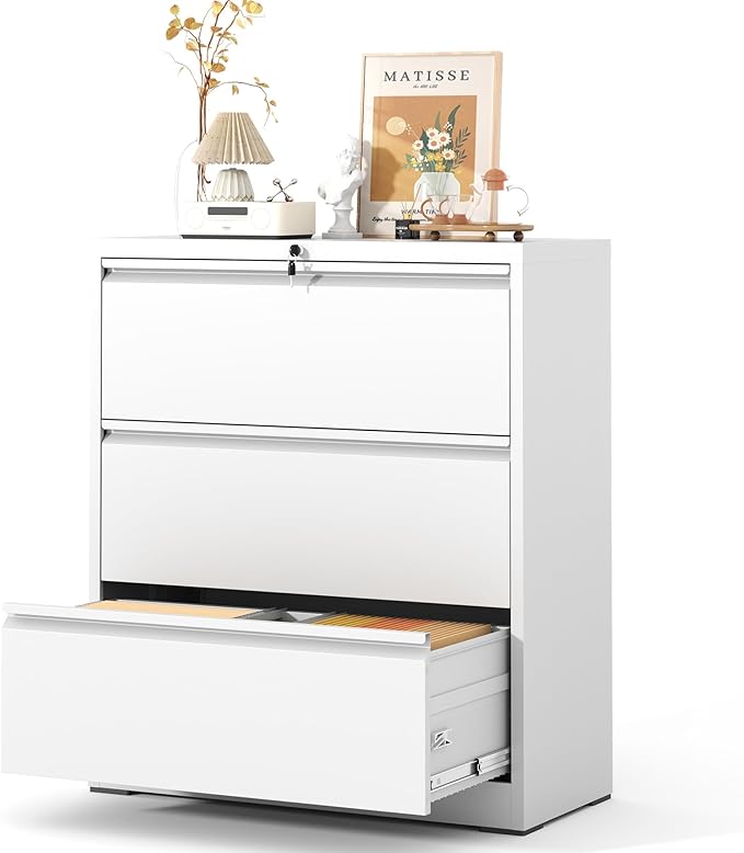 3 Drawer Lateral File Cabinet with Lock, Metal Lateral Filing Cabinet for Home Office, Steel Wide Horizontal Filing Cabinets for Letter/Legal/A4/F4 Hanging Files (White)