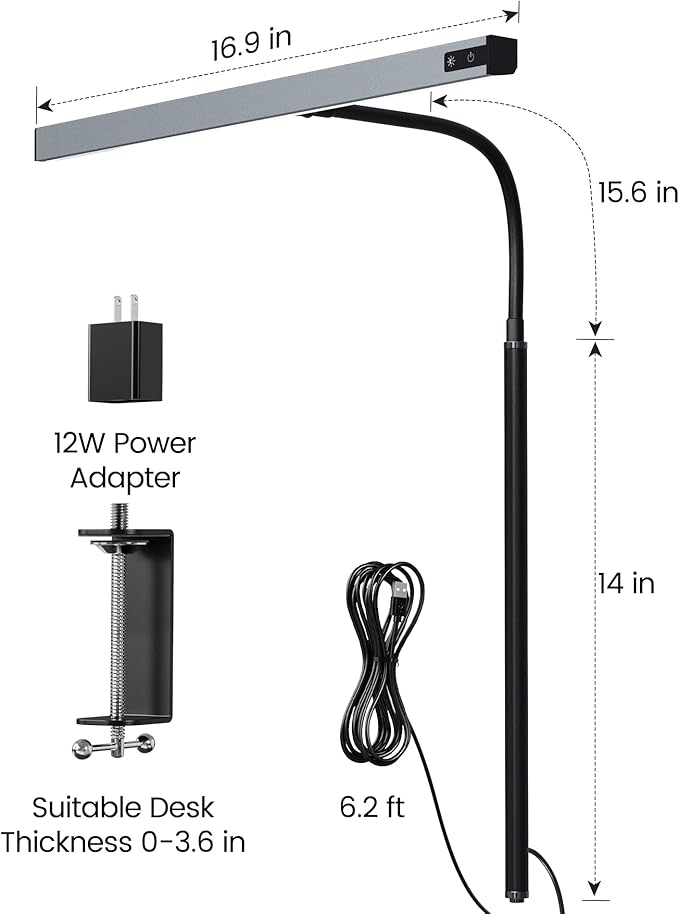 SUPERDANNY LED Desk Lamp for Office Home, Eye-Caring Desk Light with Adjustable Gooseneck, 12W Touch Control Dimmable Brightness, Architect Clamp Lamp with USB Adapter, Grey