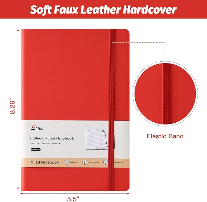 SUIN Hardcover-Journal-Notebooks, A5 Lined Journals Notebook for Writing 200 Pages, 8.2 x 5.5 inch, Classic Ruled Notebooks for Work/Travel/College (Red- 1 Pack)