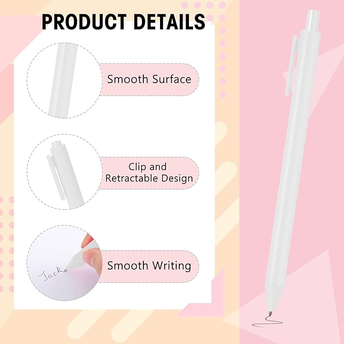 Fulmoon 50 Pcs Ballpoint Pens Bulk Retractable Comfortable Writing Pens Cute Back to School Supplies in Medium Point 1.0 mm for Teacher Student Bridal Shower Baby Shower (White)