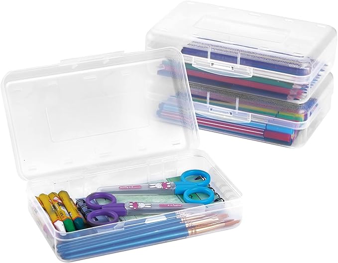 Sooez 3 Pack Pencil Case, Large Pencil Box Case, Clear Crayon Marker Box Bulk, Hard Plastic School Supplies with Snap-tight Lid, Stackable Storage Container Art Craft Organizer for Bead Pens, Clear