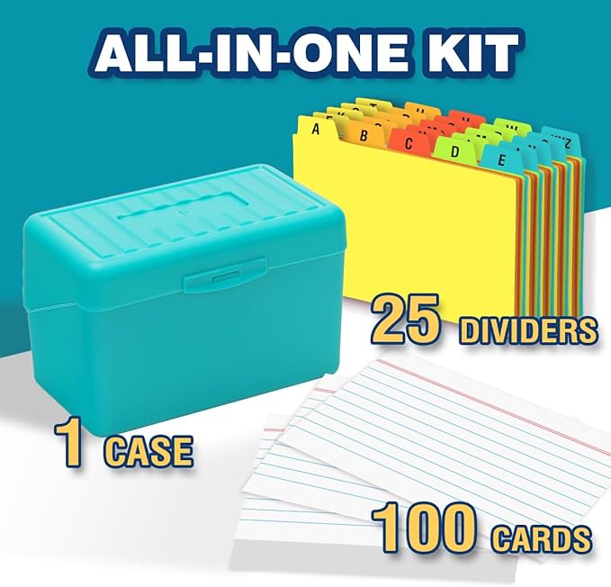 H4D 3x5 Index Card Holder with 100 Heavyweight Ruled Index Cards and 25 Plastic Dividers, Teal