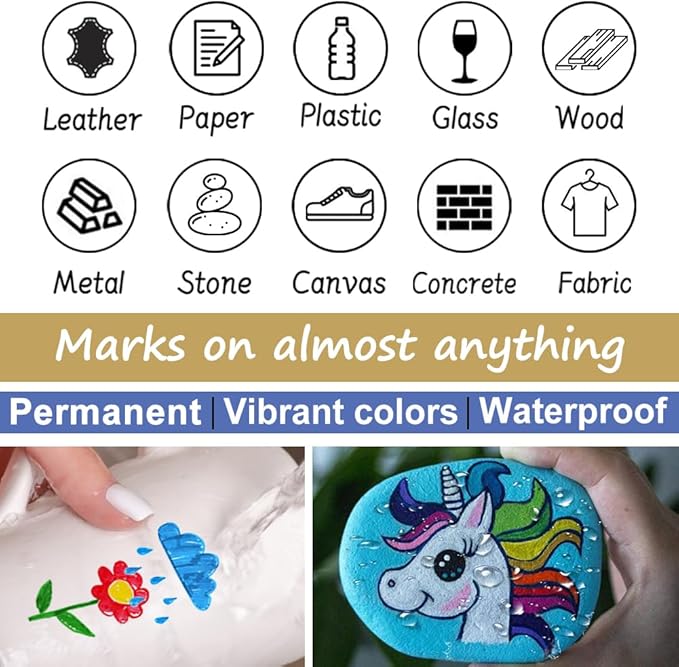 Overseas White Paint Pens Permanent Markers 24 Pcs, Oil Based Paint Markers Set, Quick Drying, Waterproof, Medium Tip Marker Pens for Metal, Rock, Wood, Plastic, Canvas, Glass, Stone, Rubber, Paper
