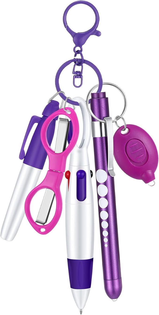 6 Pcs Nurse Pen Set Include Permanent Marker Pen Retractable Ballpoint Pen Keychain Clip Foldable Scissors Lights LED Flashlight Keychain for Nurse Accessories(Purple)