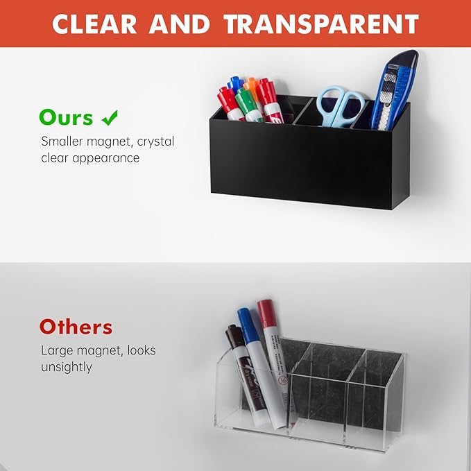 Magnetic Dry Erase Marker Holder, Acrylic Magnet Pen Holder for Whiteboard, Refrigerator, Magnetic Fridge Organizer for Office, Classroom, Whiteboard Maker Holder, Locker Organizer(Black)