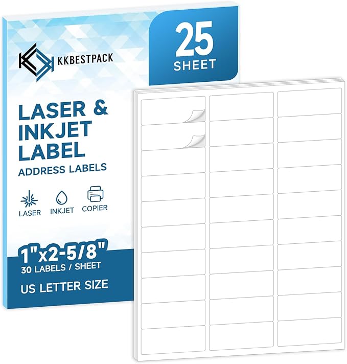 Address Labels for Printer 750 Labels - 1" x 2-5/8", Mailing, Storage & Pantry Organization, Laser/Inkjet Compatible, 30 Per Page, 25 Sheets