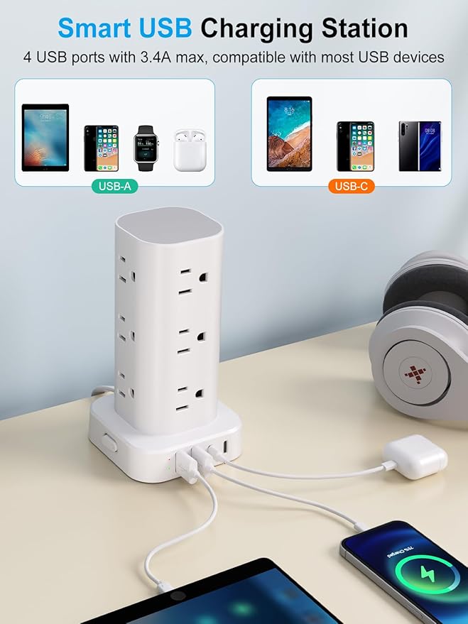 Power Strip Tower with Multiple Outlets, Flat Plug Surge Protector Tower Extension Cord with 12 AC Outlets 4 USB Ports (2 USB C), 6FT Cord Power Tower Surge Protector for Home Office Dorm Room, White