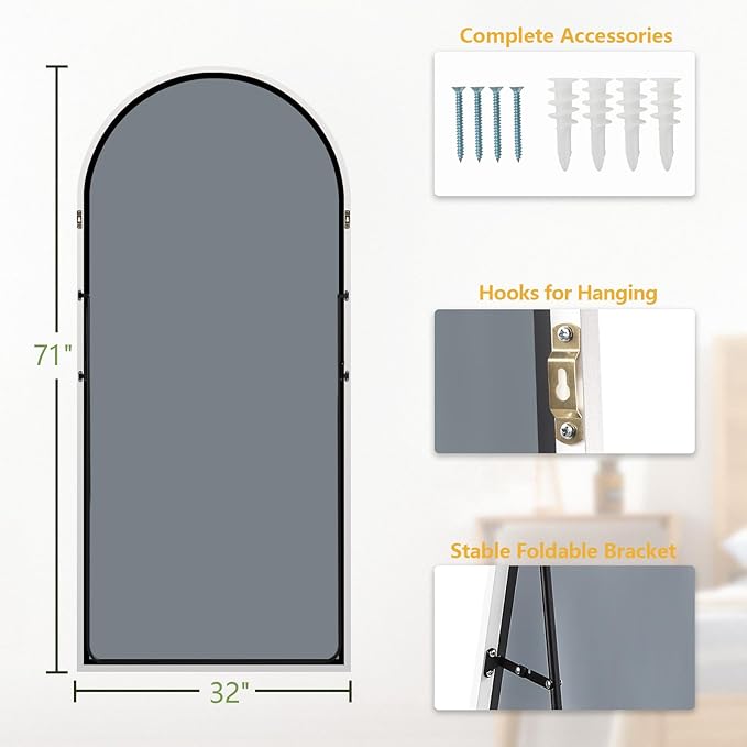 MELOMOIR 71"x32" Arched Large Mirror Full Length, Free Standing Leaning or Hanging, Thin Aluminum Frame, Tempered Glass, Suitable for Living Room Bedroom Cloakroom Hallway Home Gym, White