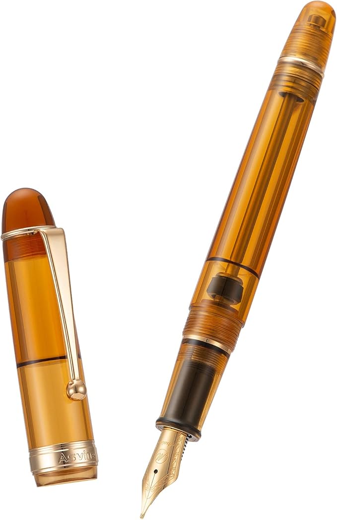 Asvine V126 Vacuum Filling Fountain Pen Medium Nib, Transparent Brown Acrylic, Large-Capacity with Gift Case