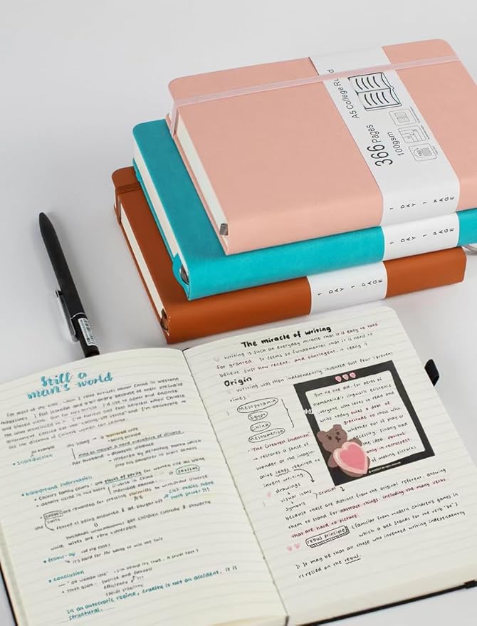 Thick College Ruled Notebook with 366 Numbered Pages, A5 Journals for Writing with 100GSM Lined Paper, Hardcover Leather Notebooks for Women Men School Note Taking Office Work Diary, 5.7"x8.3" Pink