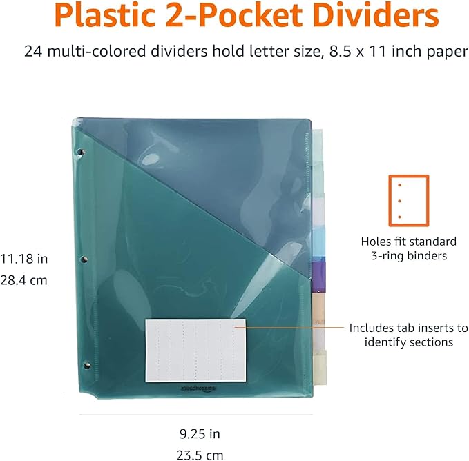Amazon Basics Tab Dividers for 3 Ring Binder, Two Pocket, Letter Size, Assorted Colors, 24 Count