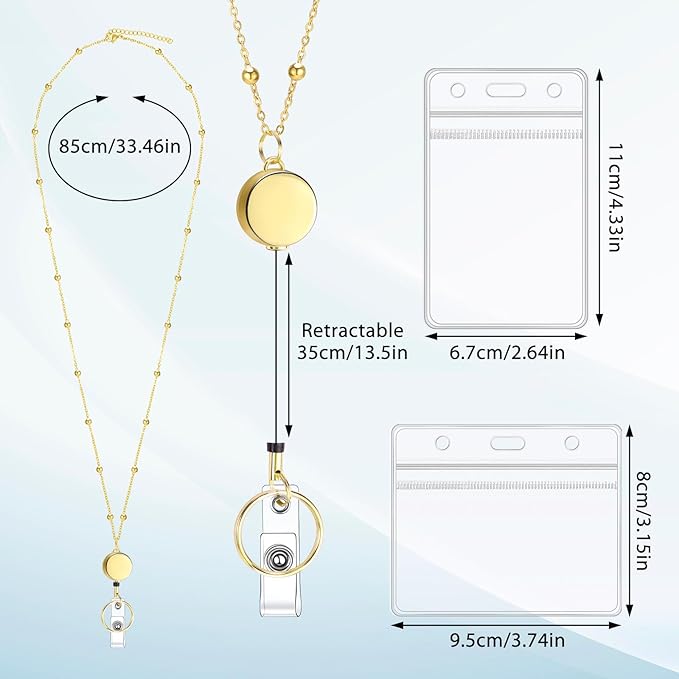 Lanyards for Id Badges Stainless Steel Badge Lanyards with 2 Pcs Waterproof Id Badge Holder Retractable Id Badge Lanyards Teacher Lanyard for Cruise Ship Key Cards Id Badges (Gold)