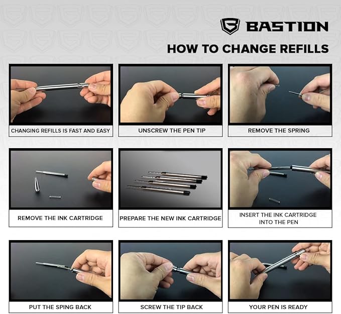 BASTION® Premium Pen Refill, Deeply Pigmented Ink for All Bastion Bolt Action Pens, Standard Ink Refill w/ 0.55mm Fine Tip for Birthday Gift - Black Gel, 1 Piece