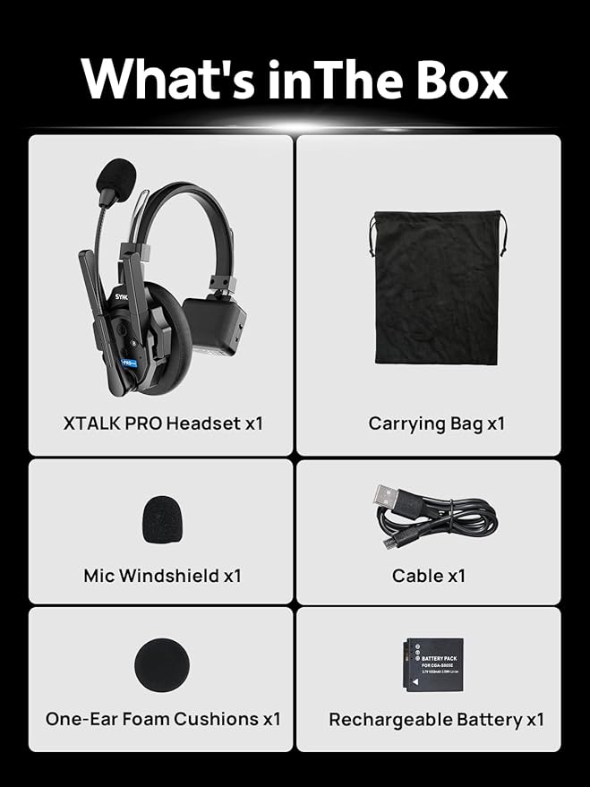 SYNCO XTALK XPRO Wireless Intercom Headset, 2.4GHz Full Duplex Wireless Communication Headset 500m/1640ft with Noise Reduction, Xtalk-Xpro1-Wireless-Headset-Intercom（Single）