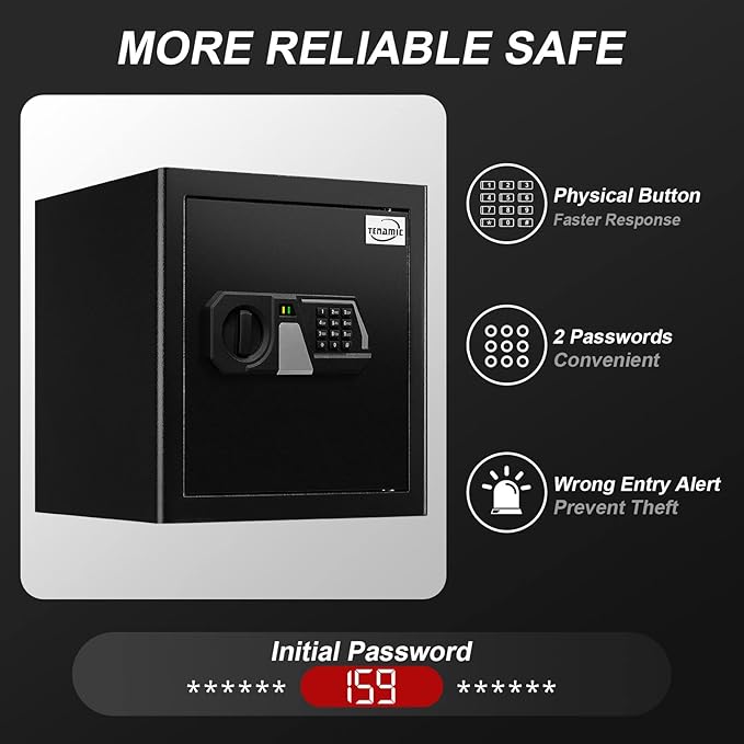 Tenamic Fireproof Safe Box 1.6 Cuft Electronic Digital Security Box, Keypad Medium Lock Box Cabinet Safes with Internal Light, Solid Alloy Steel Office Hotel Home Safe with 2 Passwords, Black