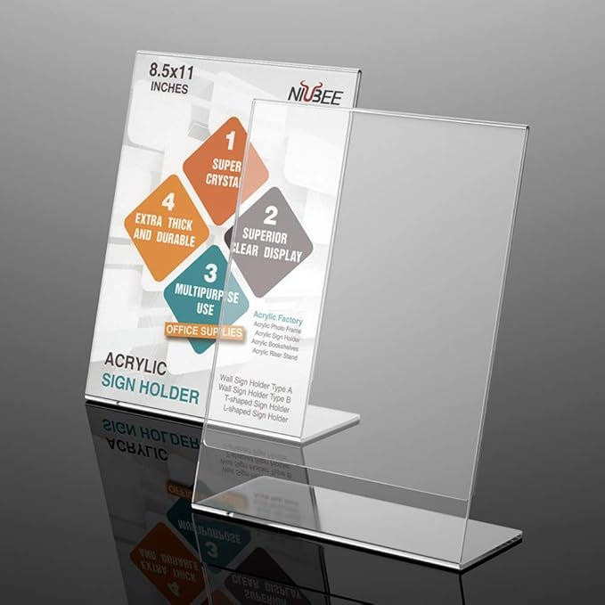 NIUBEE Acrylic Sign Holder 8.5 x 11 Inches Slanted Back, Clear Plastic Sign Holder Paper Display Table Stand for Office, Store, Restaurant (10 Pack)