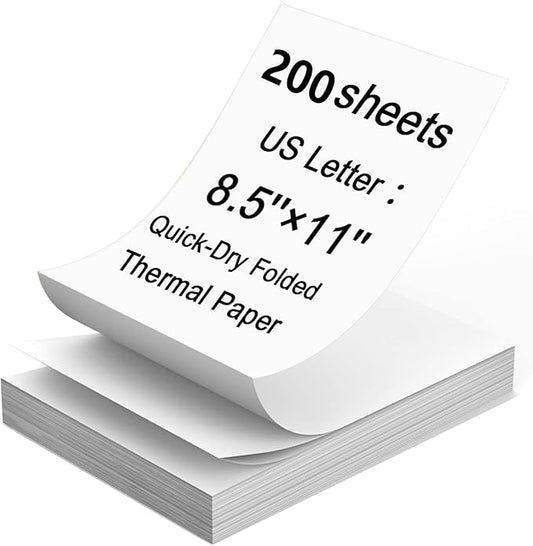 200 Sheets, Thermal Printer Paper 8.5 x 11 Inch, Folded US Letter Size, Suitable with Most Thermal Portable Printer, Such IOO.., Munb.., Jad.., Hpr.., Phome.., Quick-Drying, Waterproof(Keep 3 Years)