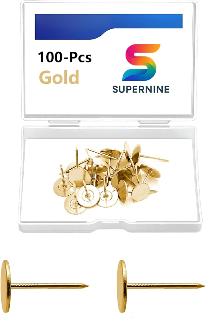 Golden Thumb Tacks, Multipurpose Upholstery Nails, Decorative Nail Heads, and Wall Tacks for Secure Fixing & DIY Projects, 100Pcs