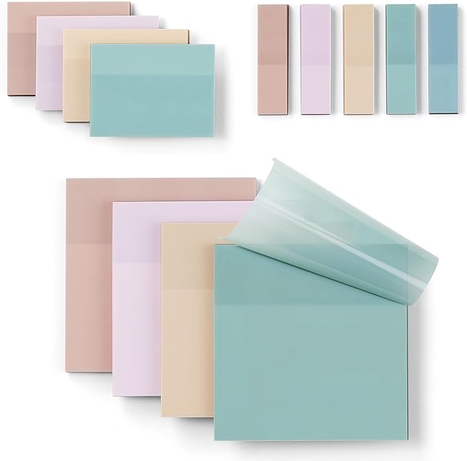 [650 Sheets] Transparent, 3 Sizes Clear Sticky Notes Pads, Pastel Color Waterproof Self-Adhesive Translucent See Through Sticky Notes for Annotating Books,School & Office