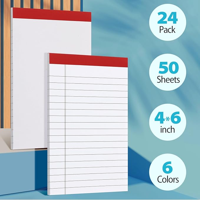 Colarr 24 Pack Legal Pads 4 x 6 Inches Lined Notepads 50 Sheets Wide Ruled Writing Pads for School College Office Business