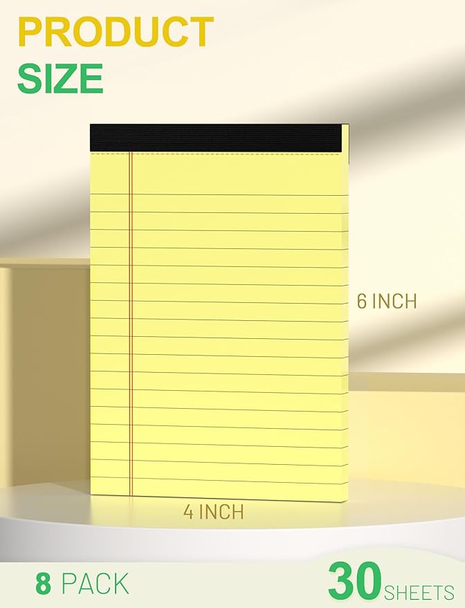 8 Pack Yellow Legal Pads 4x6 Note Pads Small Writing Pads 4x6 Narrow Ruled 80GSM Pads of Paper Yellow Pads College Ruled Legal Pad Lined Paper Pads Small Notepads for Work Memo Pads 30 Sheets per Pad