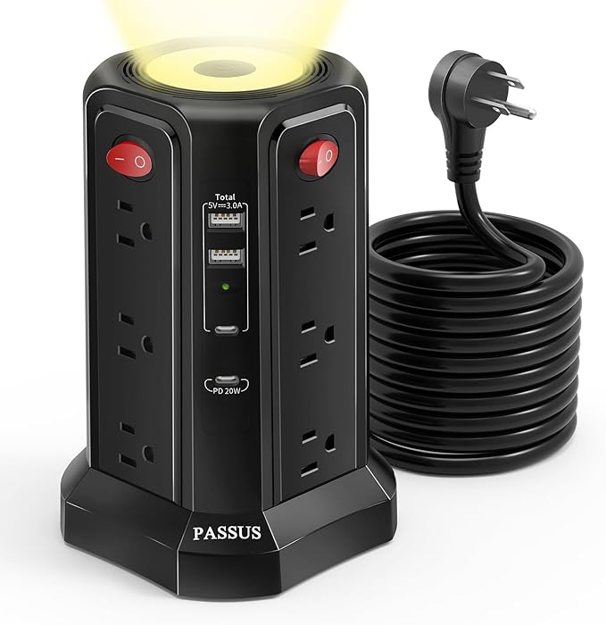 Long Surge Protector Power Strip 16 FT Cord, PD20W USB C Power Strip Tower with Night Light, Extension Cord with Multiple Outlets with 4 USB Ports, PASSUS Charging Station Home Office Essentials Black