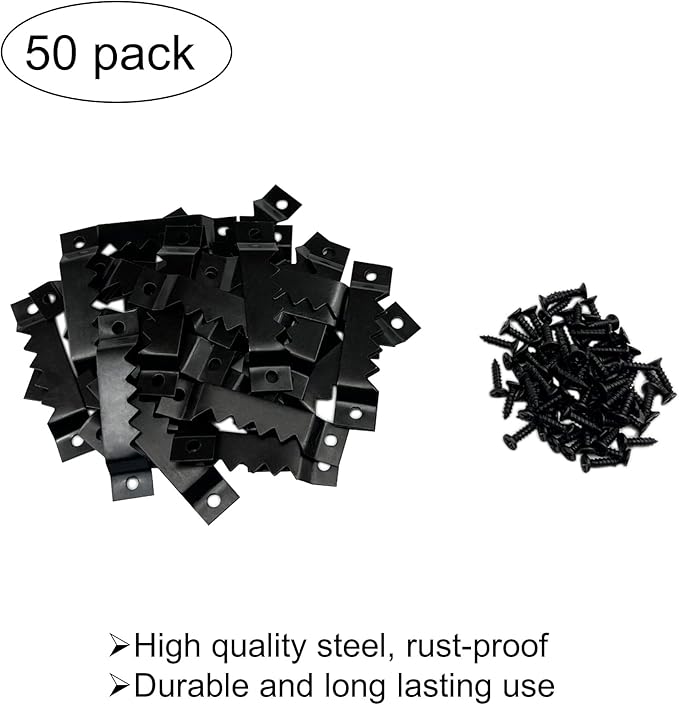50 Pack Large Heavy Sawtooth Picture Hangers Steel Picture Hangers with Screws Picture Hang Solutions, for Hanging Clock Paintings Artwork Picture Frame Hook Photos (Black，Supports 50 lbs)