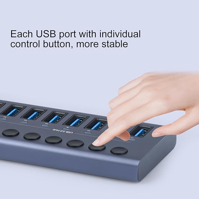 MaxLax Aluminum USB 3.0 hub with Charging Function, Power Adapter,Individual Power swiches (Silver Gray-10 Ports)