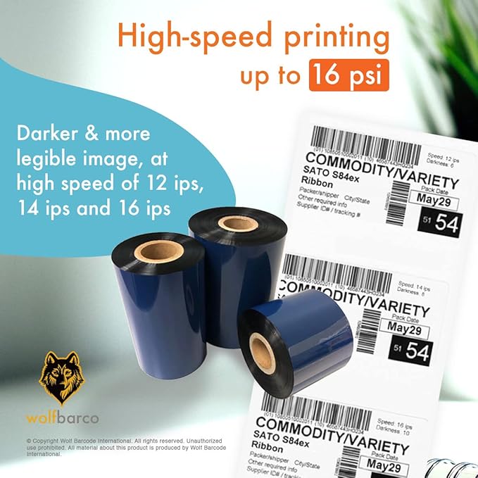 24 Rolls Wolfbarco 5.12" x 1476' (130mm x 450m) Black Premium Resin-Enhanced Wax Thermal Transfer Ribbon Compatible with Zebra,TEC, INTERMEC,Citizen,TSC,GODEX,ARGOX Printers