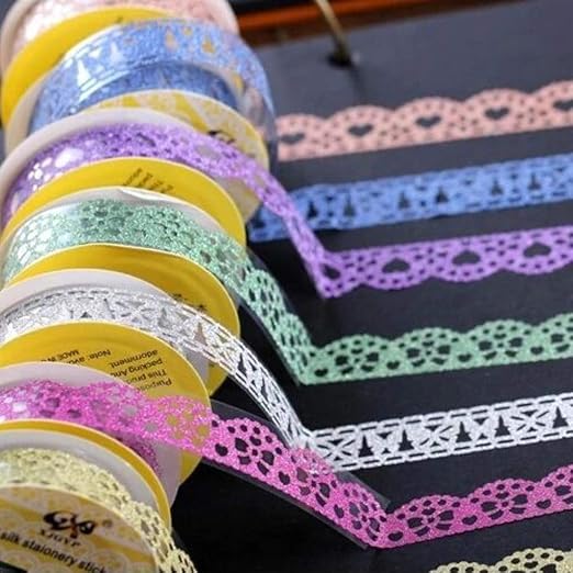 SallyFashion Washi Tape for Scrapbooking, 6 Roll Lace Pattern Glitter Tape in 6 Colors for Journaling, DIY Craft Projects, Card Making