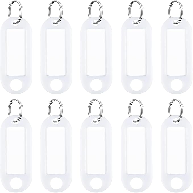 Uniclife 10 Pieces Key Tags 2 Inch Soft Plastic Key Chain Tags with Blank Paper Labels Clear Windows Protective Films and Split Rings Flexible Item Identifiers, White