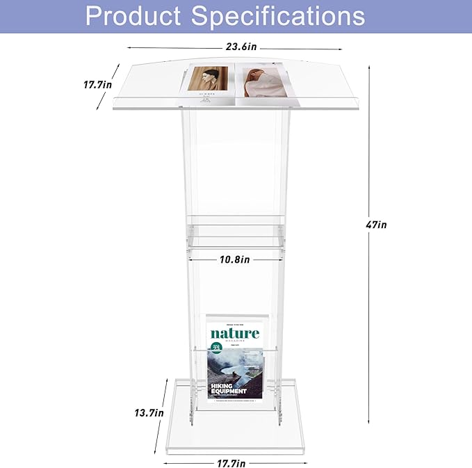 Acrylic Podium Stand with Storage Shelf,Transparent Lecterns & Podiums,Pulpits for Churches,Conference,Speeches,Weddings,Classroom,Concert,47" H Professional Presentation Podiums